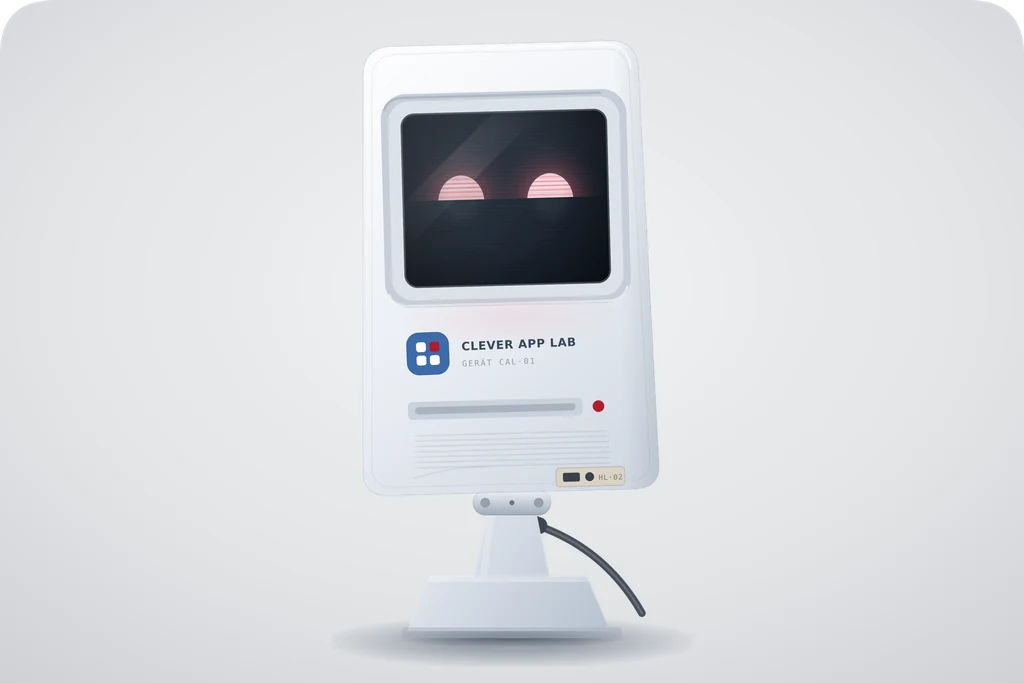C.L.A.R.A., das digitale Maskottchen von Clever App Lab, mit freundlich leuchtenden rosa Augen vor hellem Hintergrund.