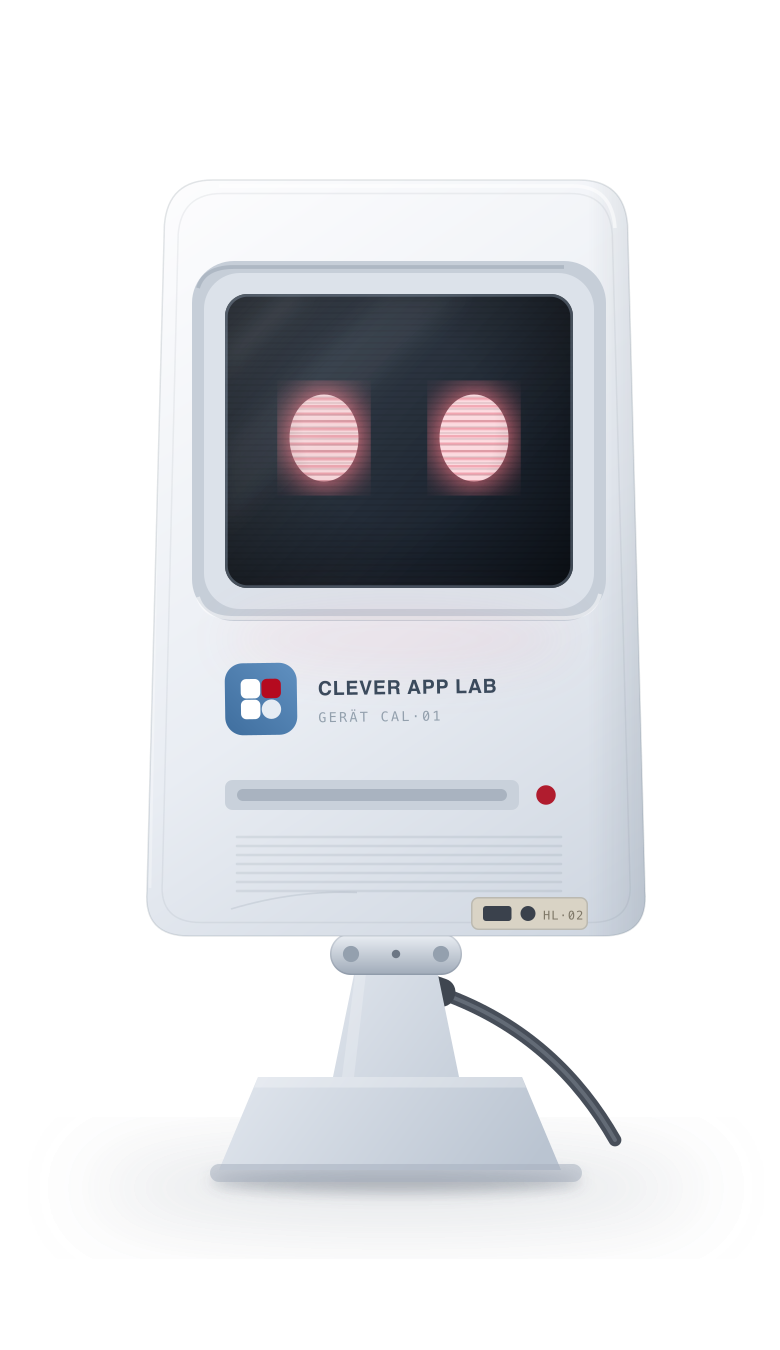 C.L.A.R.A., die illustrierte Roboterfigur von Clever App Lab mit leuchtenden Augen.