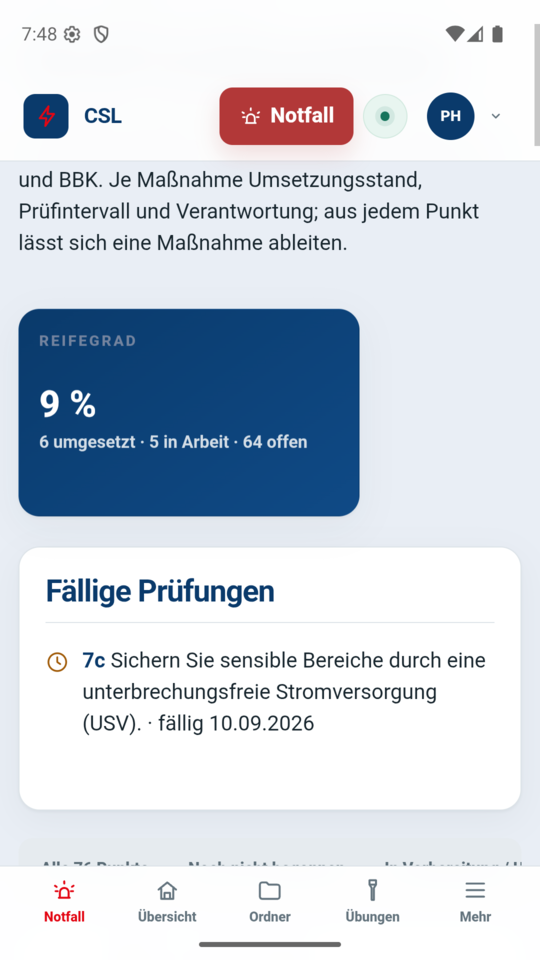 Krisenvorsorge-Cockpit mit Reifegrad und fälligen Prüfungen