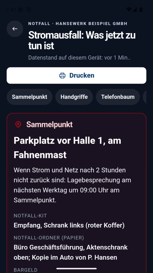 Die Notfall-Ansicht des CSL Krisenpilot mit Sammelpunkt, Handgriffen und Telefonbaum