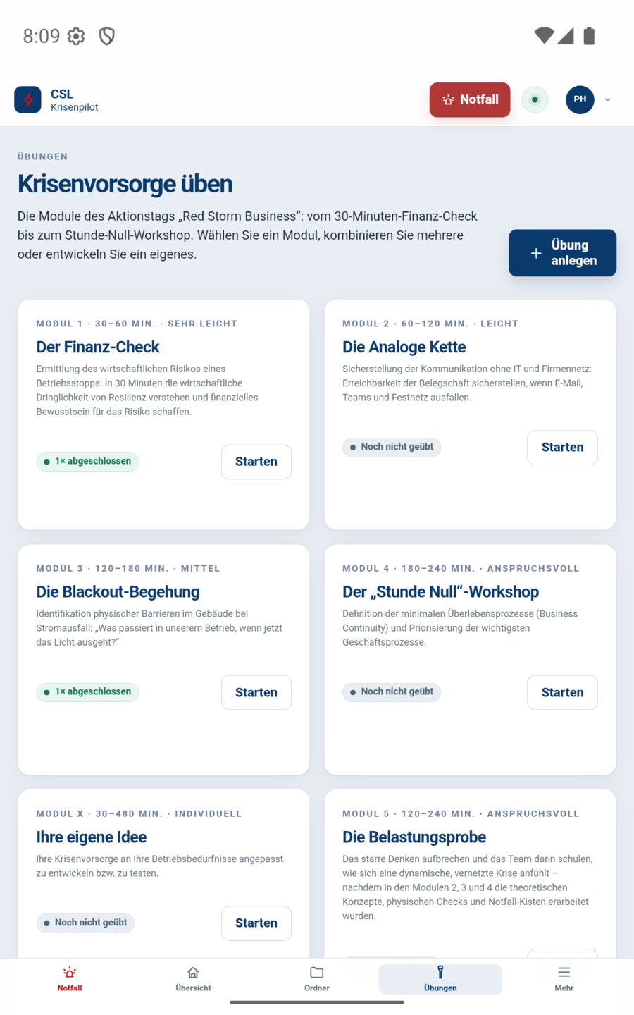 Der Krisenpilot auf dem Tablet mit seitlicher Navigation