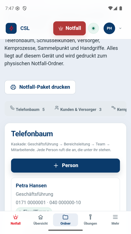 Telefonbaum im Notfall-Ordner mit Anruf-Links