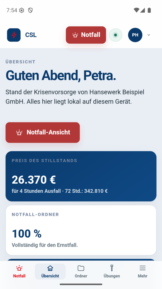 Übersicht mit Preis des Stillstands und Vollständigkeit des Notfall-Ordners